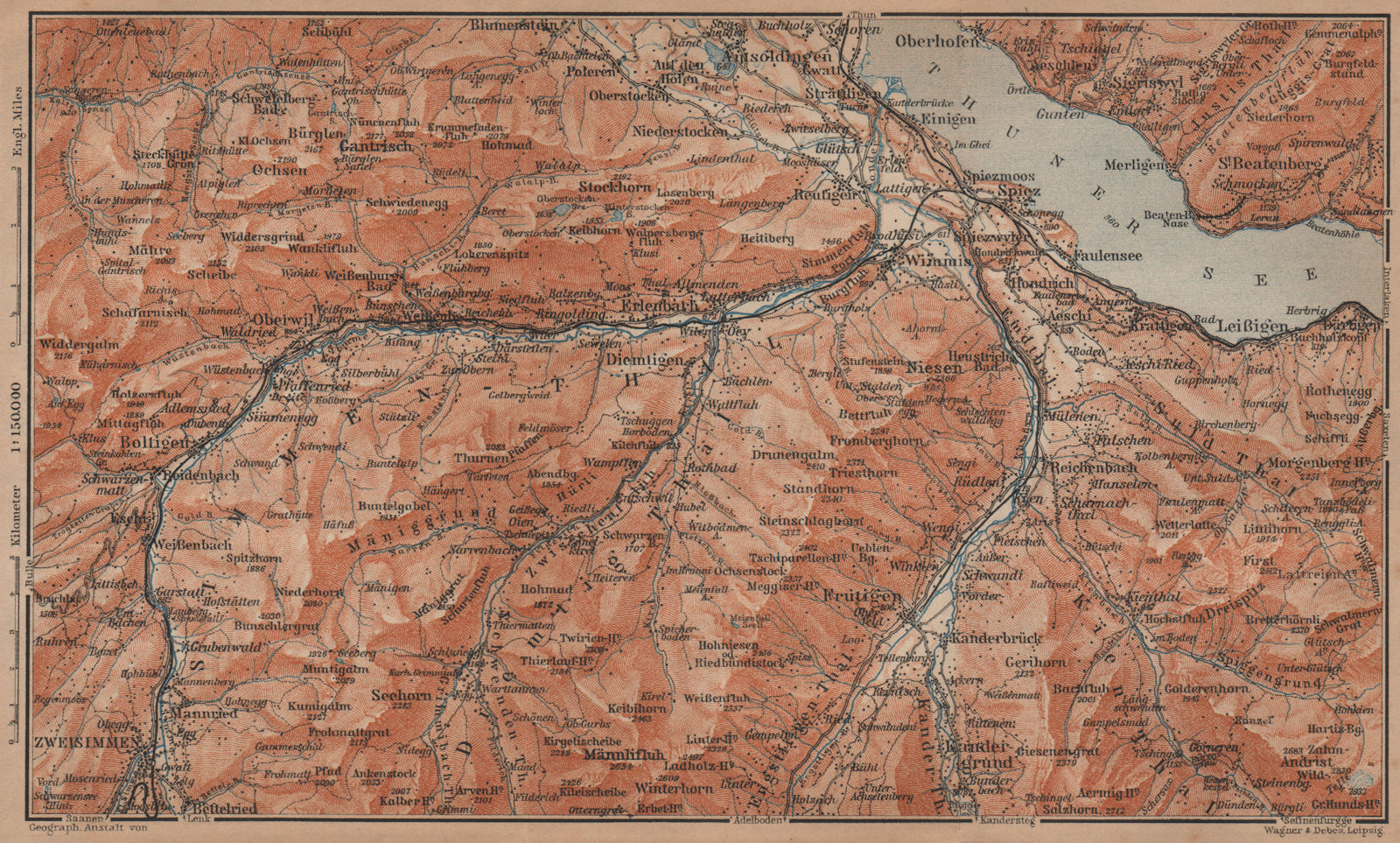 THUNER SEE. SIMME/KANDER VALLEYS. Gantrisch Spiez Frutigen Oberwil 1905 map